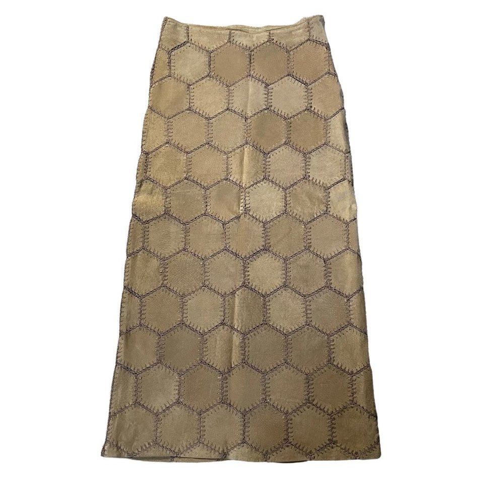 Vintage Leather Hexagon Patchwork Midi Maxi Pencil Skirt